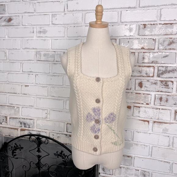 Vintage Sweaters - Vintage Lambs Wool Cable Knit Button Down Painted Floral Detail Sweater Vest